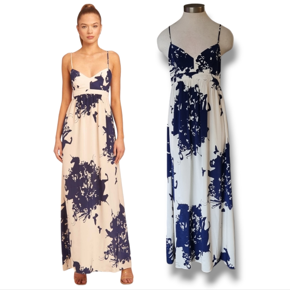 Amanda Uprichard The Silk Ivory Navy Unicorn Strap  Maxi Dress Size Small